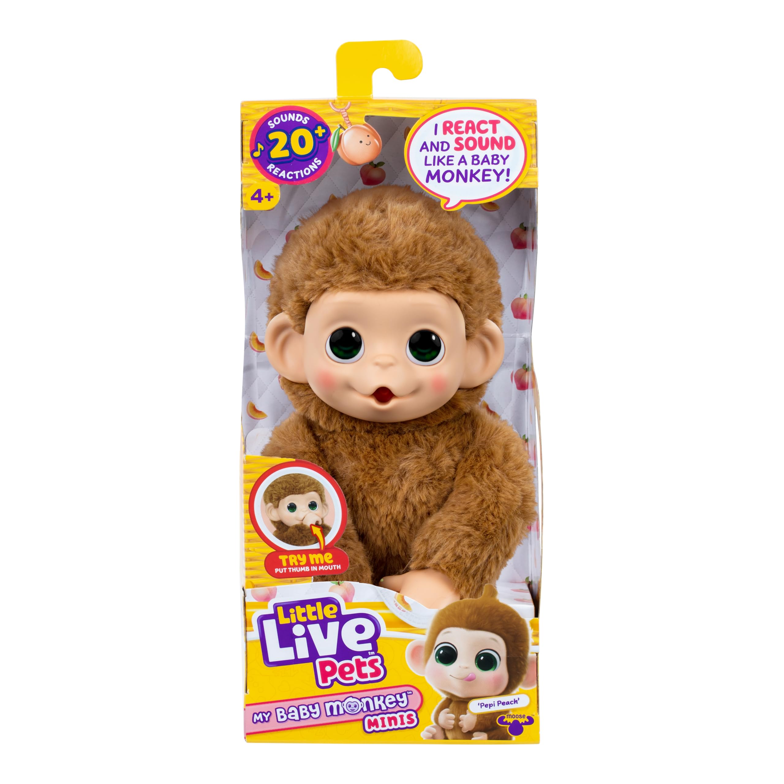 Little Live Pets Baby Monkey Minis – interaktiver Plüschaffe Pepi Peach mit über 20 realistischen Geräuschen & Reaktionen, 18,8 cm, weiches braunes Fell und griffige Hände & Füße, sammle alle 3