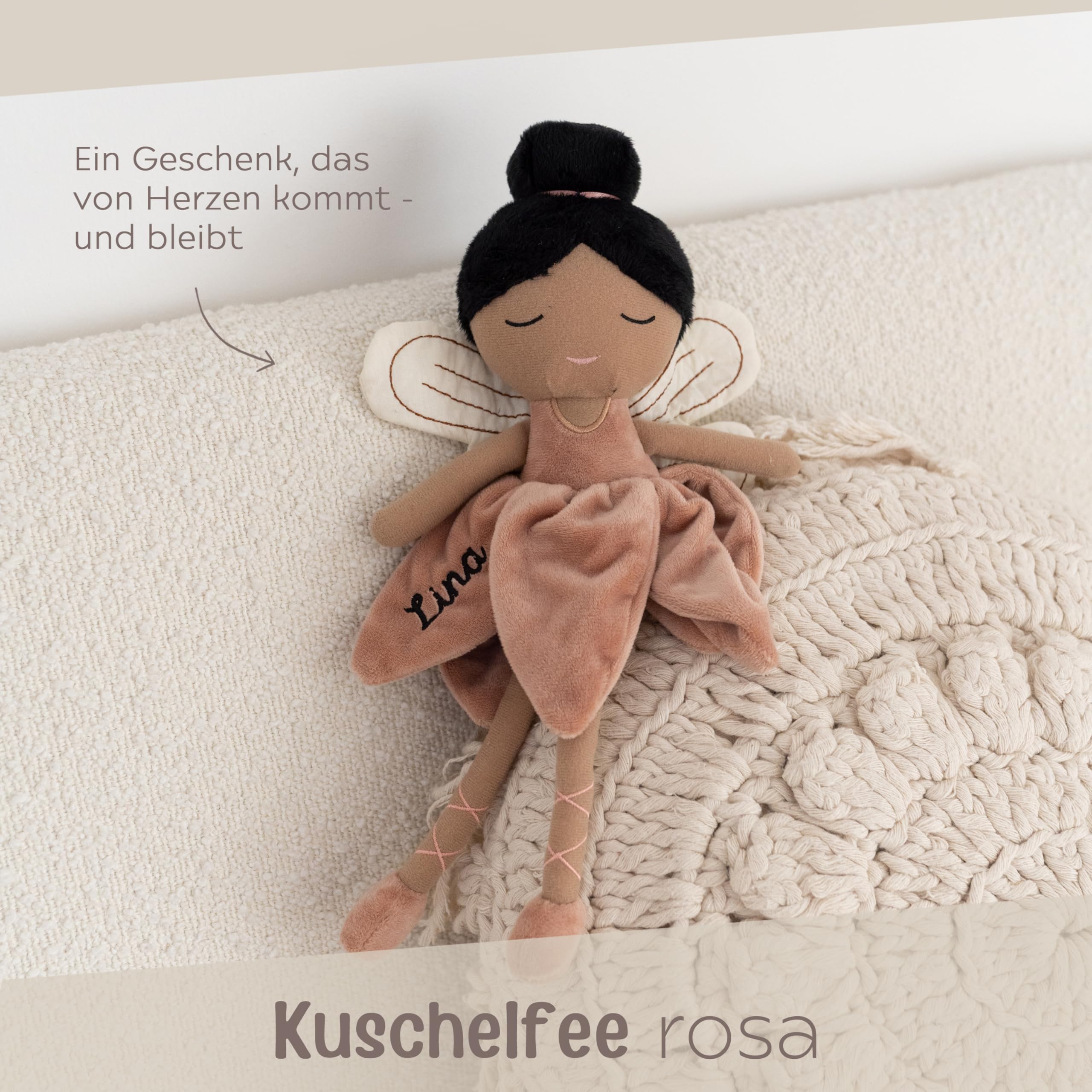 wunderwunsch personalisierte Fee als Taufgeschenk Mädchen, Fairy, Geschenk Geburt, Puppe, Baby, 1. Geburtstag Girly, Kuscheltier individualisiert (Schwarze Haare)
