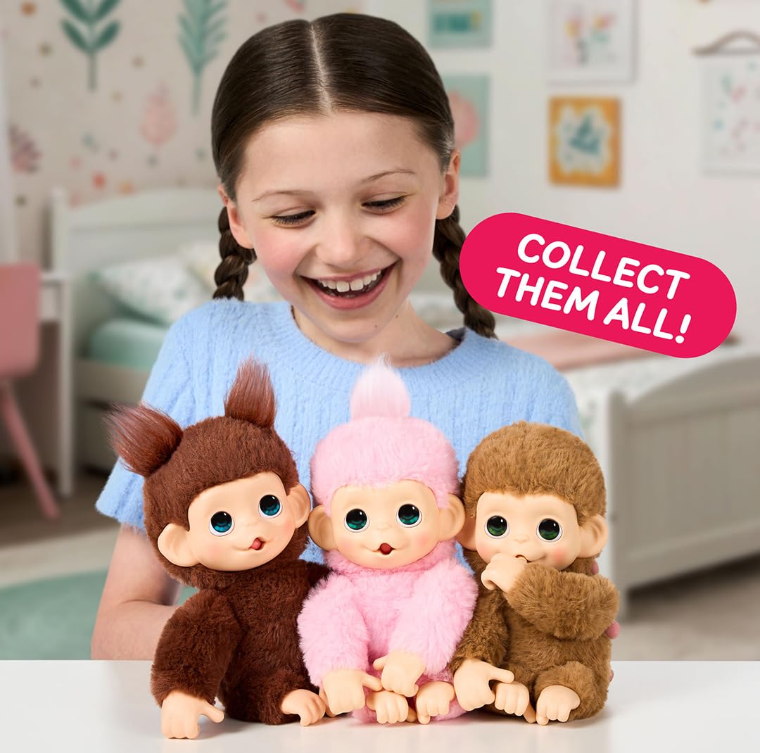 Little Live Pets Baby Monkey Minis – interaktiver Plüschaffe Pepi Peach mit über 20 realistischen Geräuschen & Reaktionen, 18,8 cm, weiches braunes Fell und griffige Hände & Füße, sammle alle 3