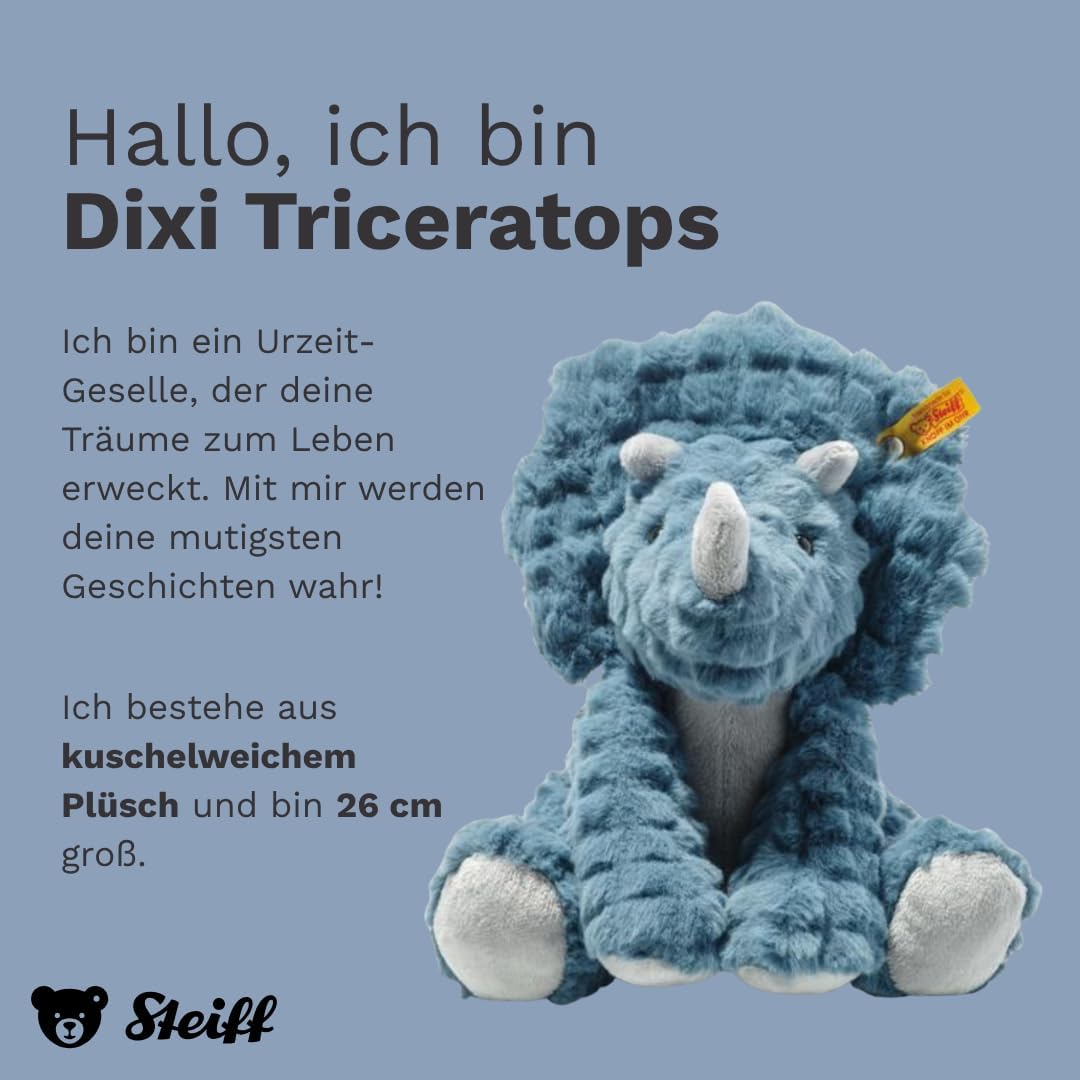 Steiff Soft Cuddly Friends Dixi Triceratops Petrol 28 cm, Dinosaurier Kuscheltier aus kuschelweichem Plüsch