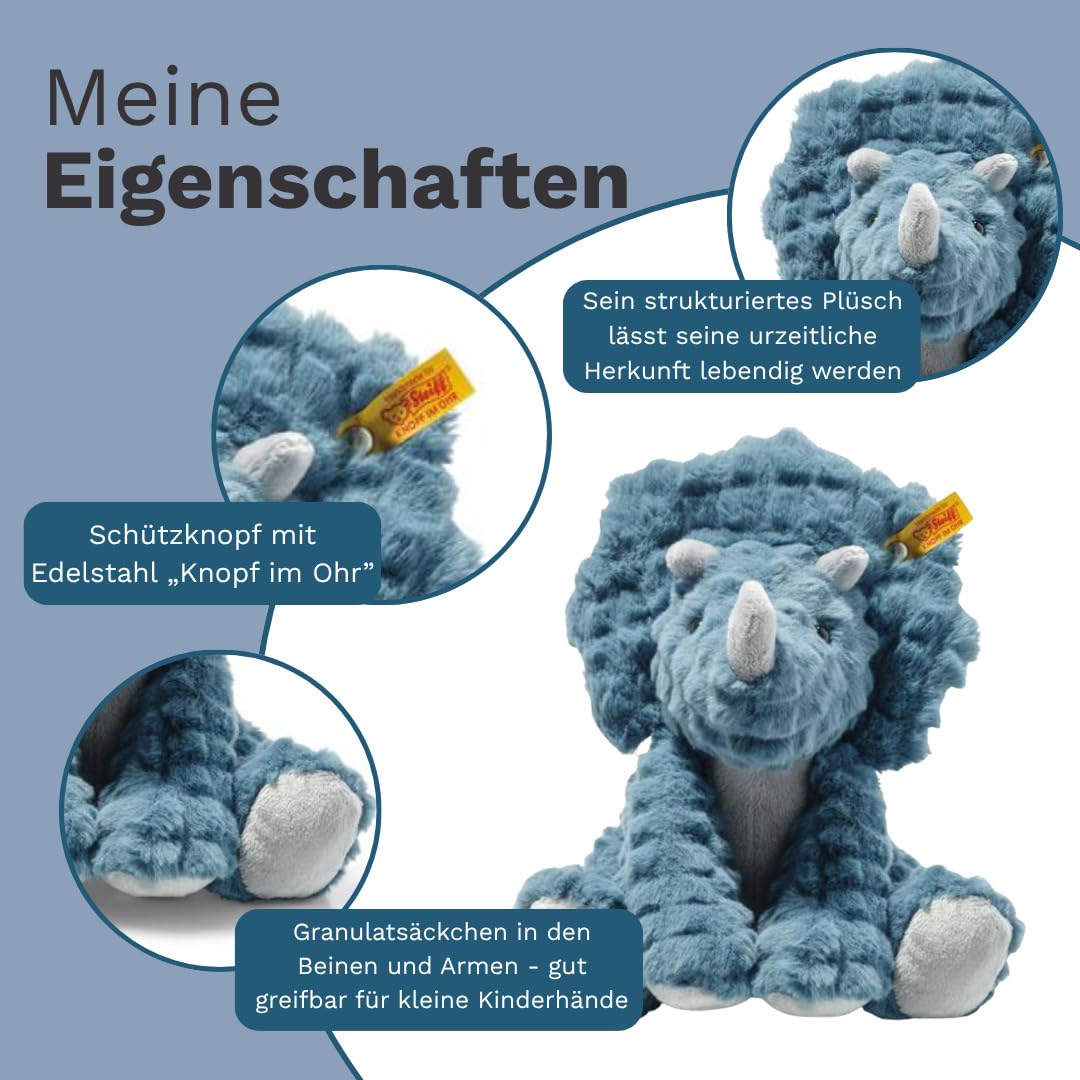 Steiff Soft Cuddly Friends Dixi Triceratops Petrol 28 cm, Dinosaurier Kuscheltier aus kuschelweichem Plüsch