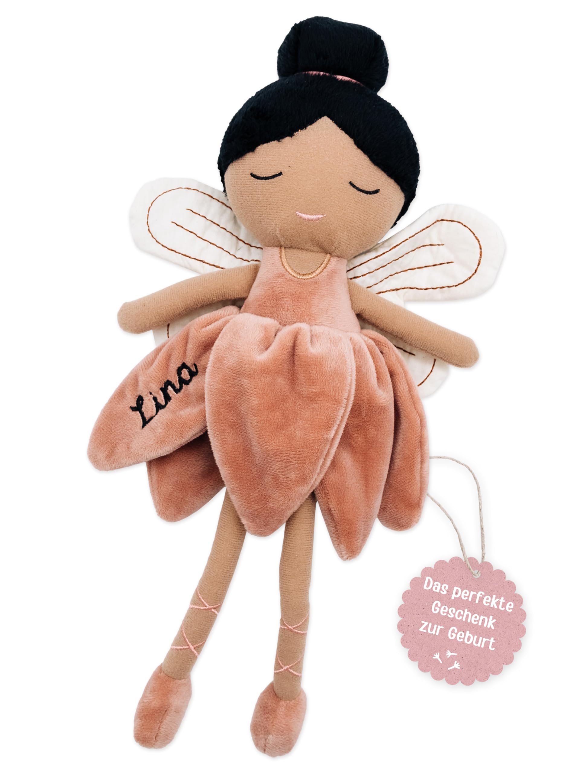 wunderwunsch personalisierte Fee als Taufgeschenk Mädchen, Fairy, Geschenk Geburt, Puppe, Baby, 1. Geburtstag Girly, Kuscheltier individualisiert (Schwarze Haare)