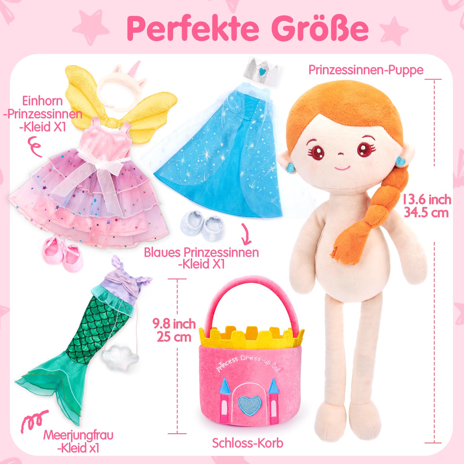 hahaland Anziehpuppe Mädchen Spielzeug ab 3-6 Jahre, Prinzessin Meerjungfrau & Einhorn Spielzeug, Weiche Plüschpuppe mit 3 Outfits und Schloss Tasche, Kindertag Geschenk Mädchen 3 4 5 6 Jahre