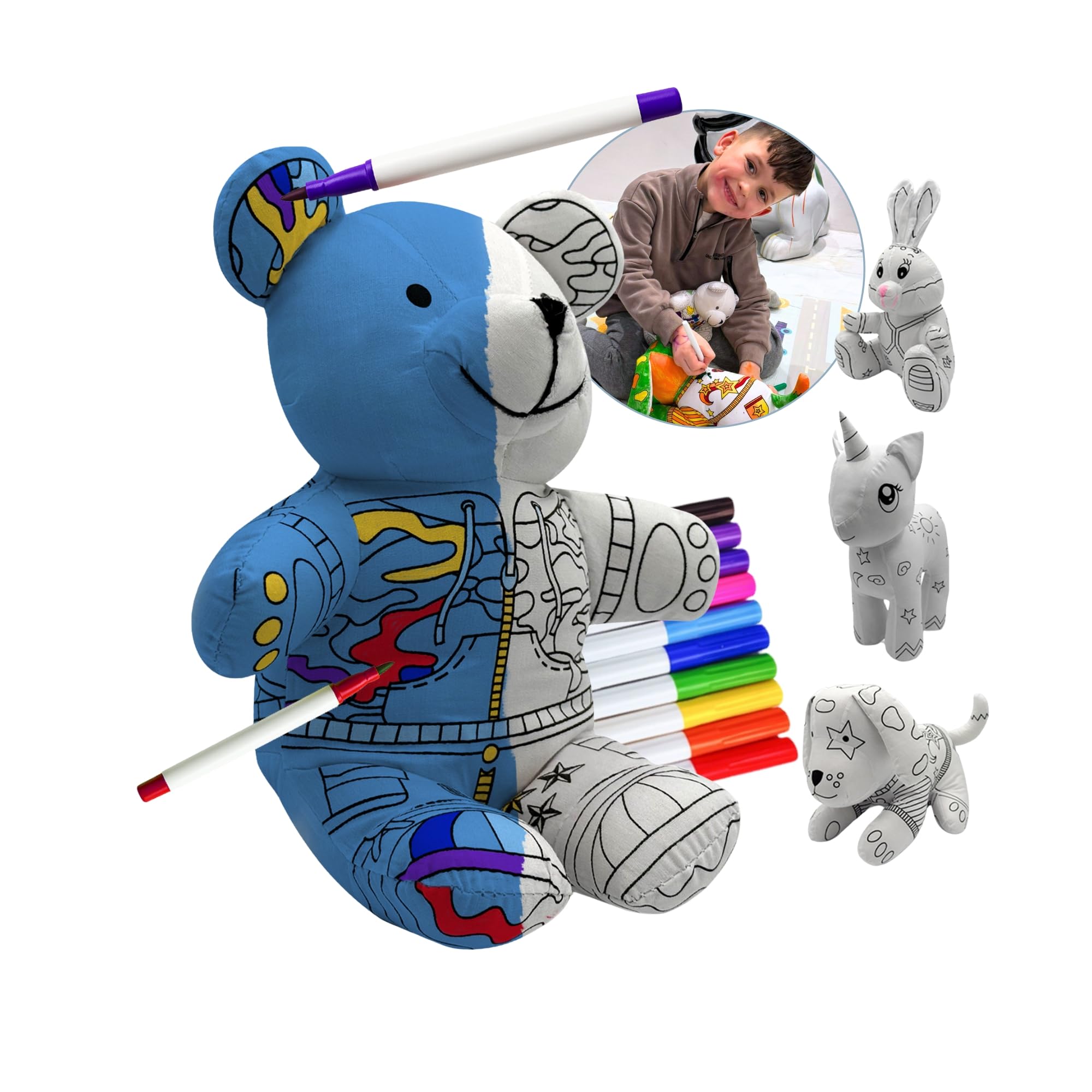 Mumore Montessori Spielzeug ab 3 Jahren Kuscheltier zum Anmalen|Stofftier mit 10 auswaschbaren Filzstiften| Fördert Kreativität & Motorik[Wiederverwendbar & Waschbar] Geschenk Mädchen Junge Teddy