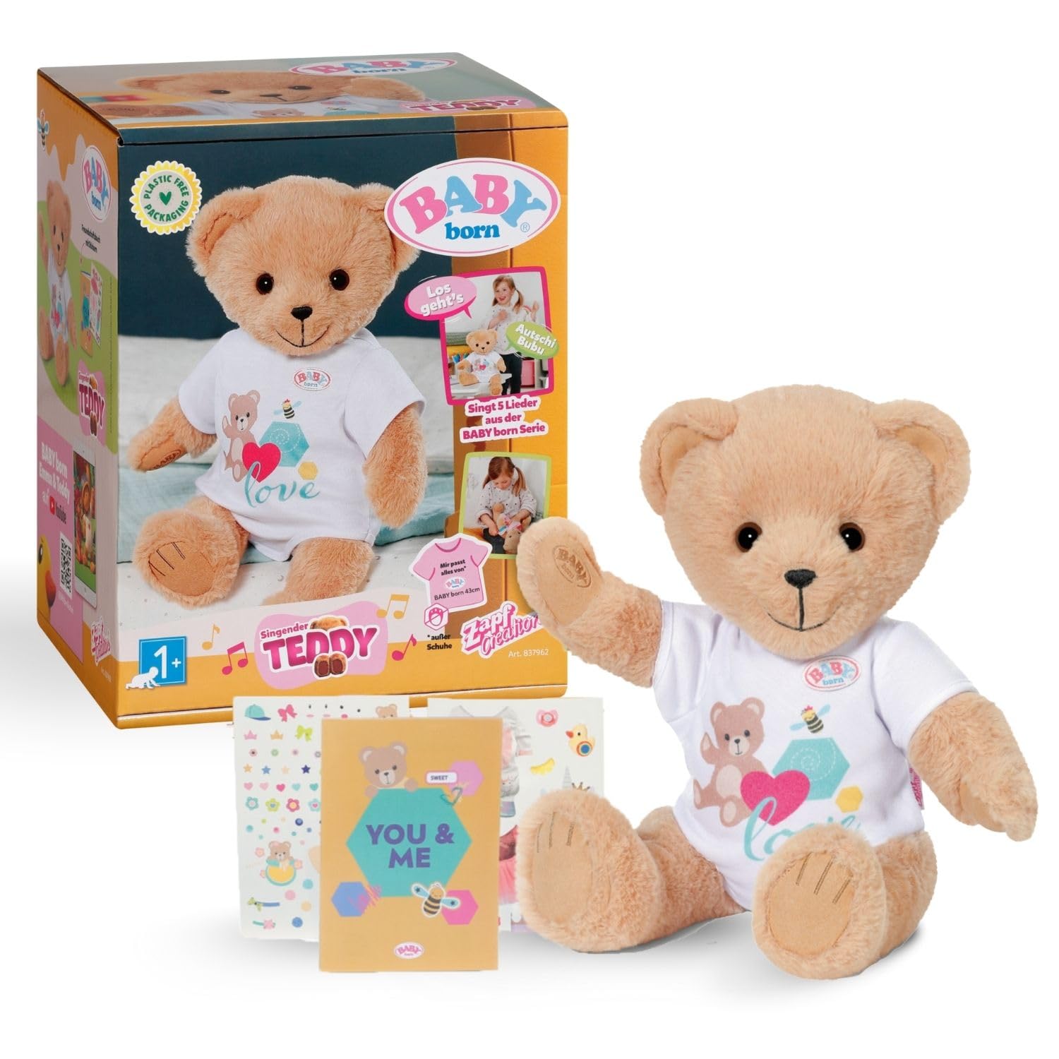 BABY Born Singender Teddy - Plüschbär mit Soundfunktion & weißem Strampler - Bewegliche Arme & Beine - Geeignet für Kinder ab 18 Monaten - singt 5 deutsche Lieder aus der Serie