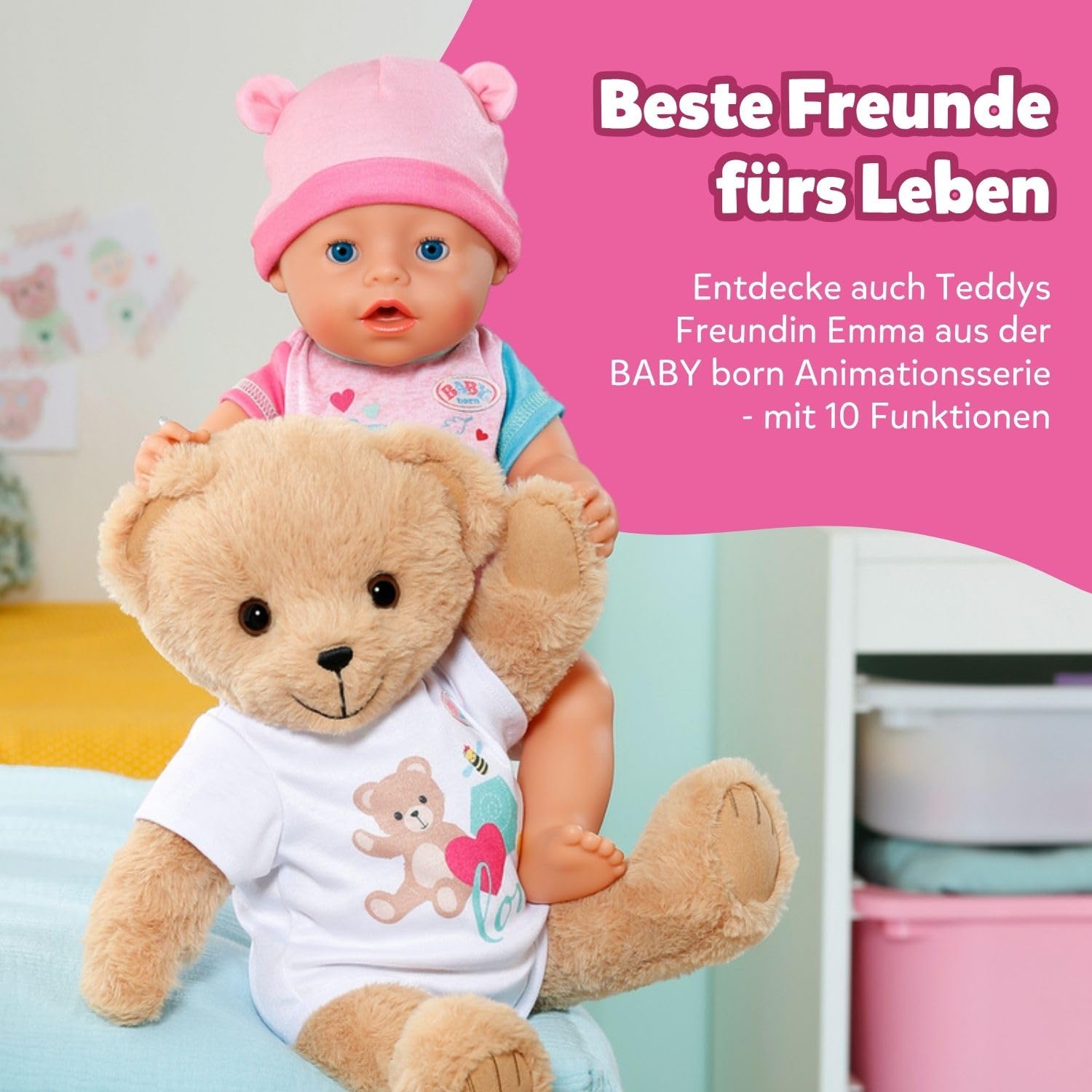 BABY Born Singender Teddy - Plüschbär mit Soundfunktion & weißem Strampler - Bewegliche Arme & Beine - Geeignet für Kinder ab 18 Monaten - singt 5 deutsche Lieder aus der Serie
