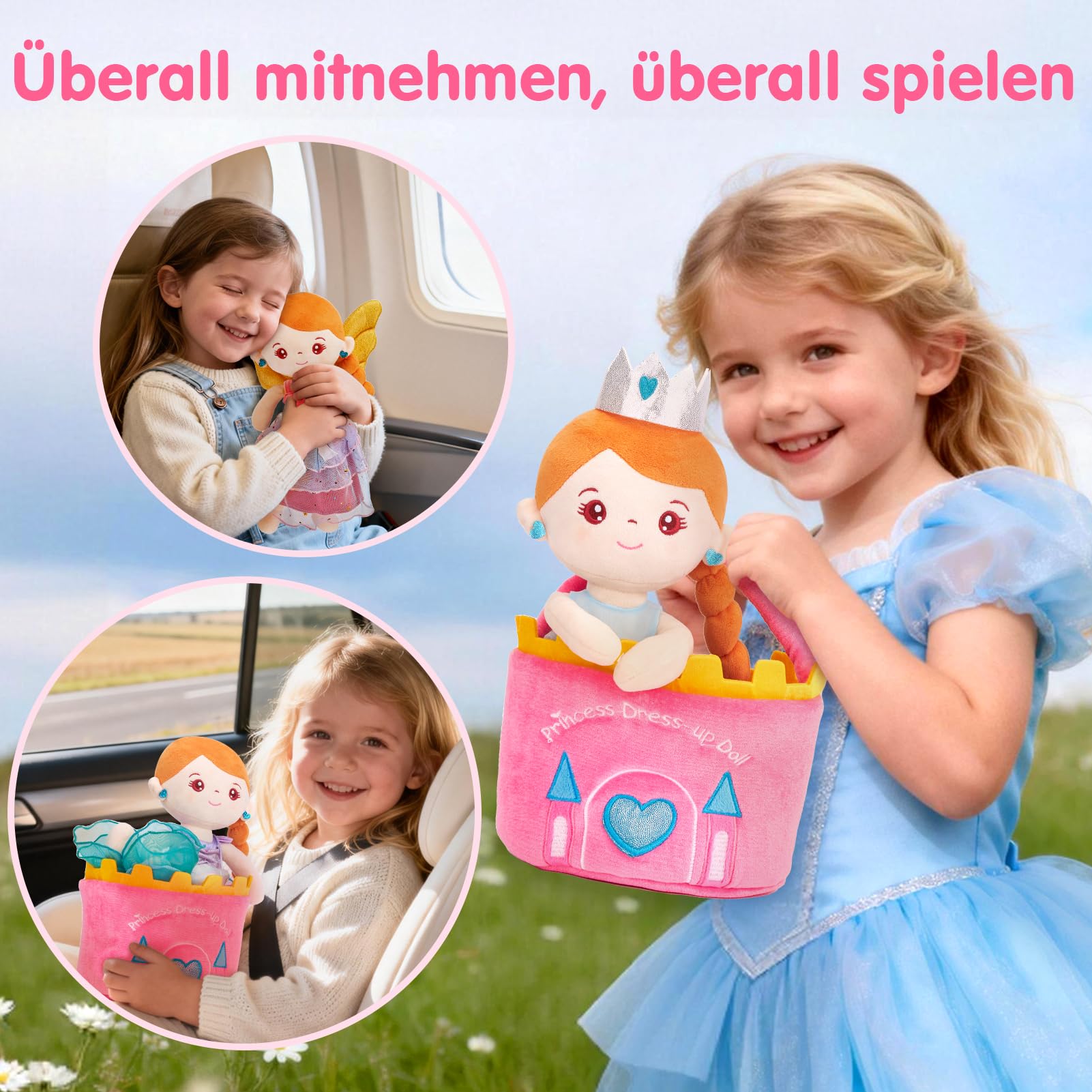 hahaland Anziehpuppe Mädchen Spielzeug ab 3-6 Jahre, Prinzessin Meerjungfrau & Einhorn Spielzeug, Weiche Plüschpuppe mit 3 Outfits und Schloss Tasche, Kindertag Geschenk Mädchen 3 4 5 6 Jahre