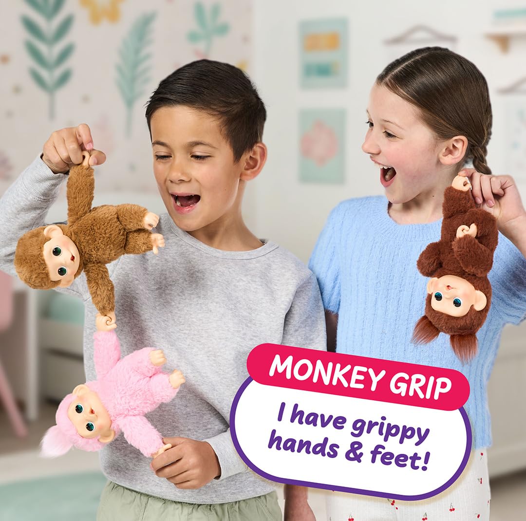 Little Live Pets Baby Monkey Minis – interaktiver Plüschaffe Pepi Peach mit über 20 realistischen Geräuschen & Reaktionen, 18,8 cm, weiches braunes Fell und griffige Hände & Füße, sammle alle 3