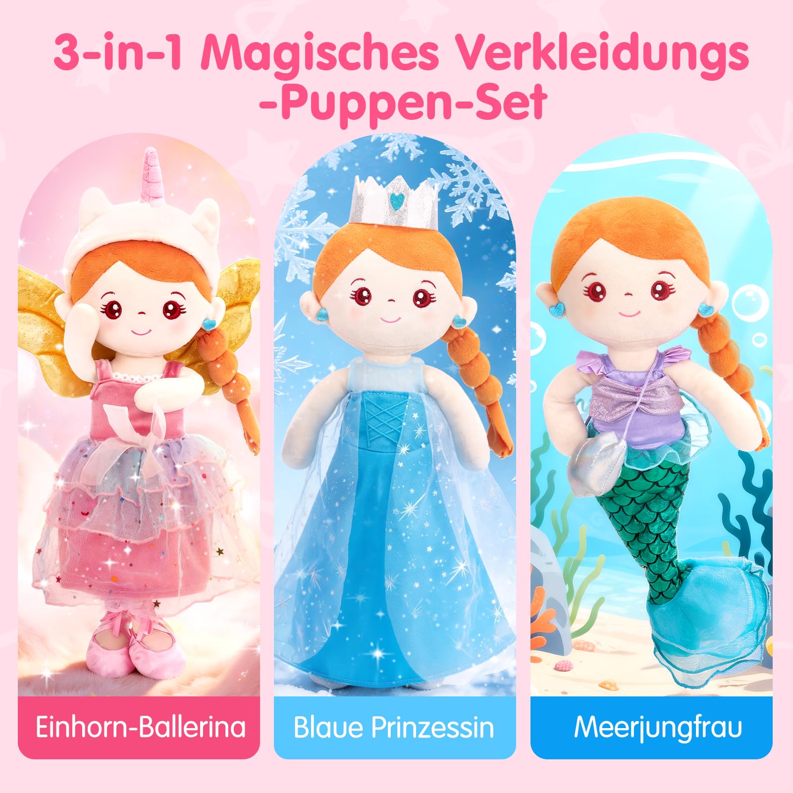 hahaland Anziehpuppe Mädchen Spielzeug ab 3-6 Jahre, Prinzessin Meerjungfrau & Einhorn Spielzeug, Weiche Plüschpuppe mit 3 Outfits und Schloss Tasche, Kindertag Geschenk Mädchen 3 4 5 6 Jahre
