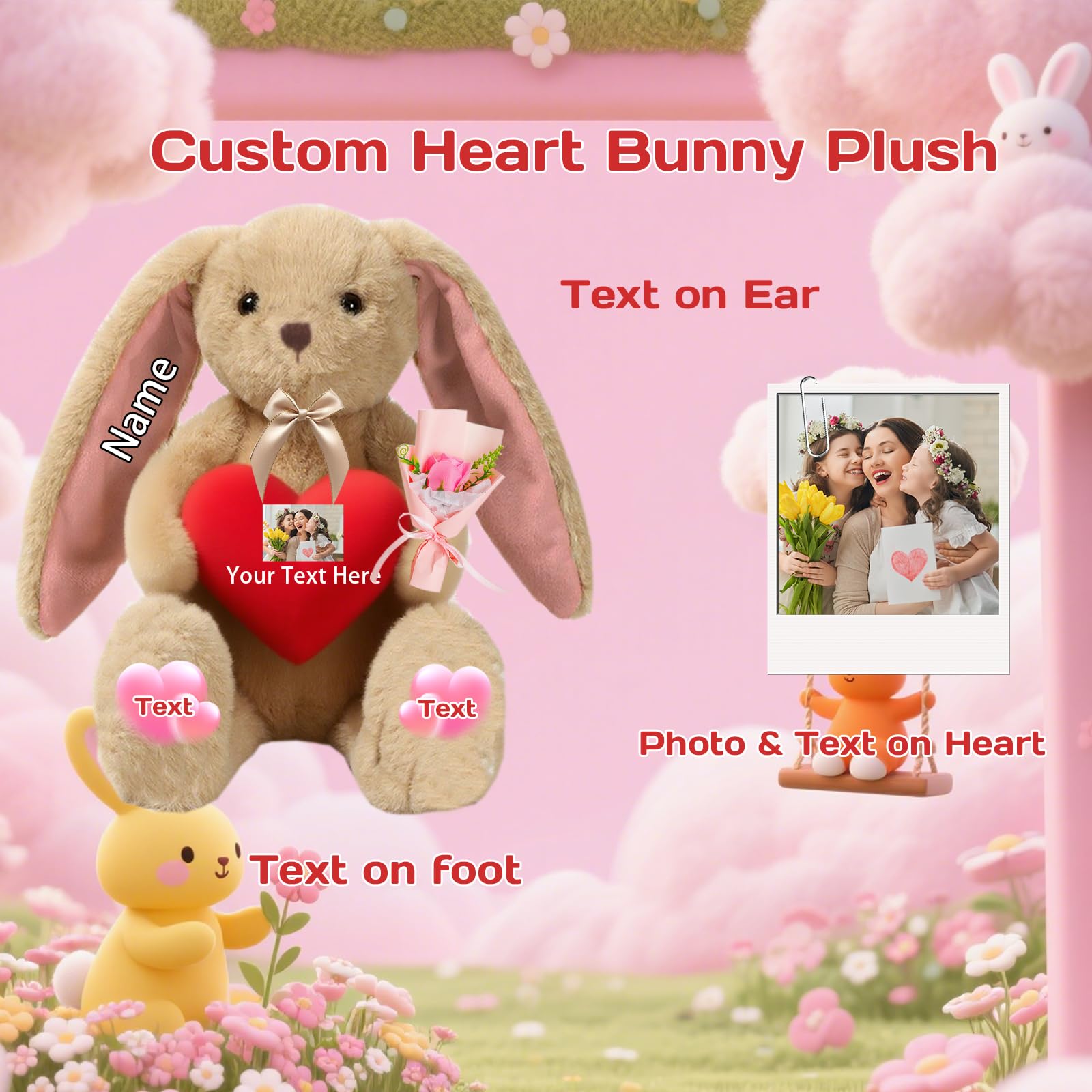 DRAJOIN Personalisiertes Plüsch Häschen mit Herz, Personalisiertes Plüsch Häschen mit Foto als Langohr Bunny Stuffed Animal als Babygeschenk, Geburtstagsgeschenk für Kinder und Erwachsene, 25 cm