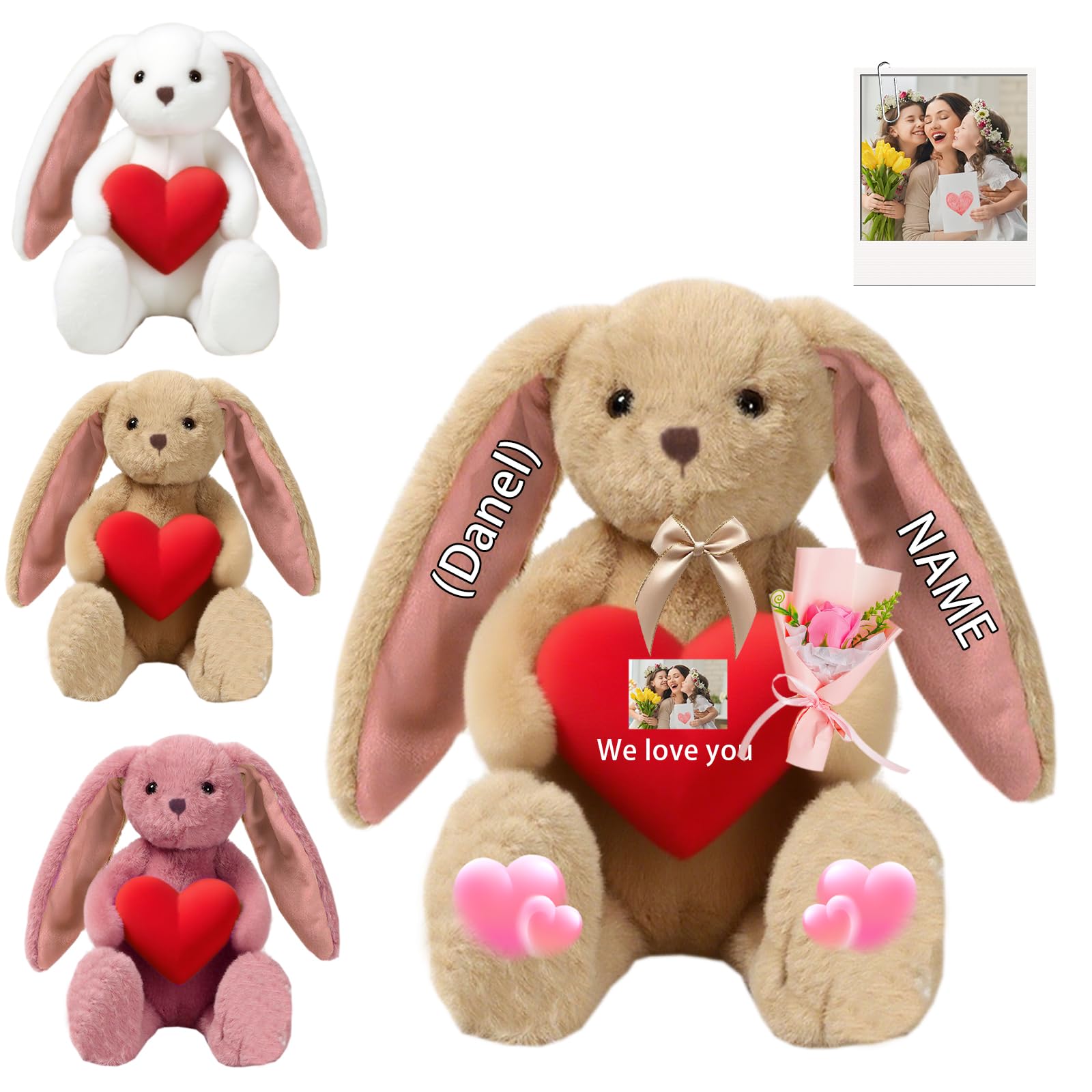 DRAJOIN Personalisiertes Plüsch Häschen mit Herz, Personalisiertes Plüsch Häschen mit Foto als Langohr Bunny Stuffed Animal als Babygeschenk, Geburtstagsgeschenk für Kinder und Erwachsene, 25 cm