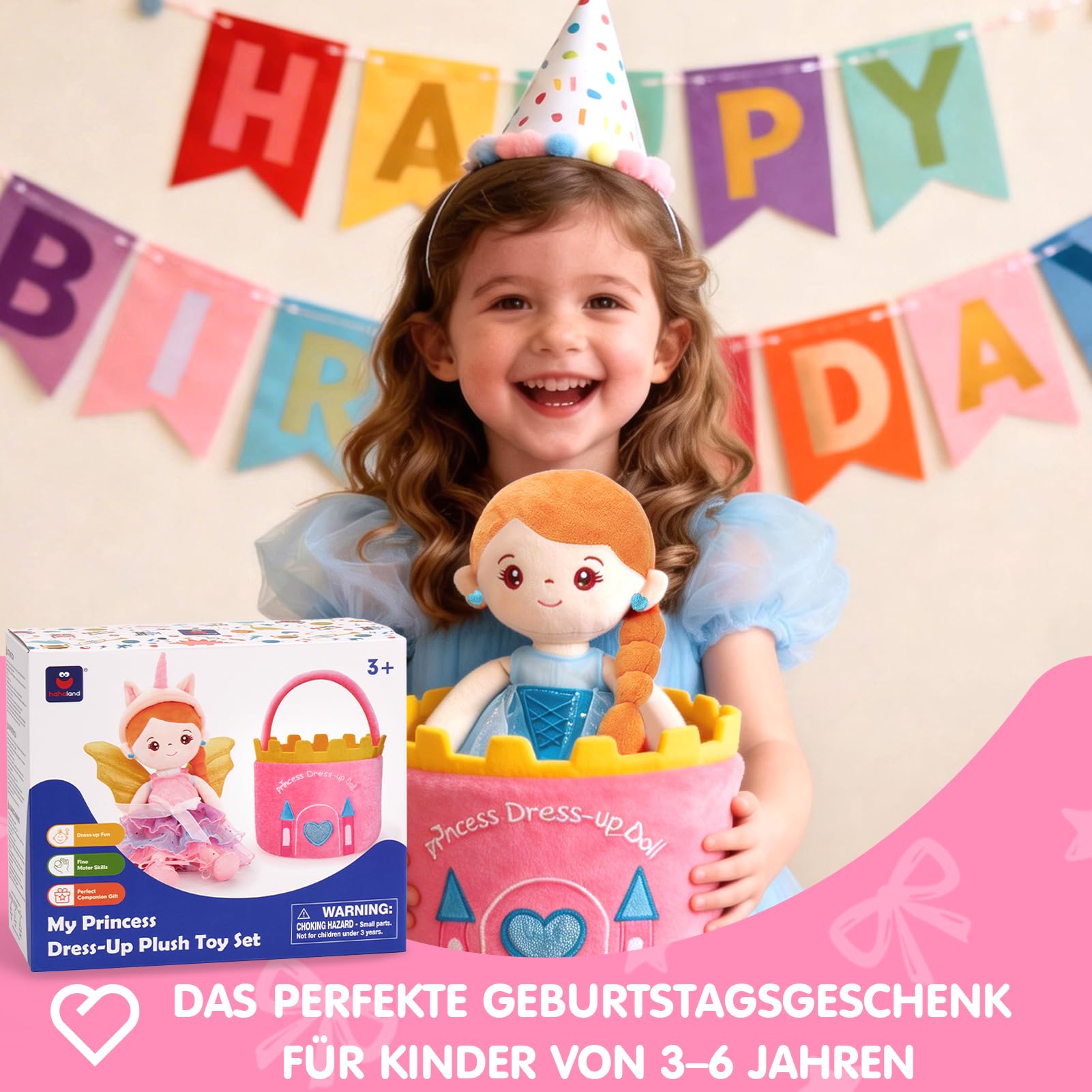 hahaland Anziehpuppe Mädchen Spielzeug ab 3-6 Jahre, Prinzessin Meerjungfrau & Einhorn Spielzeug, Weiche Plüschpuppe mit 3 Outfits und Schloss Tasche, Kindertag Geschenk Mädchen 3 4 5 6 Jahre