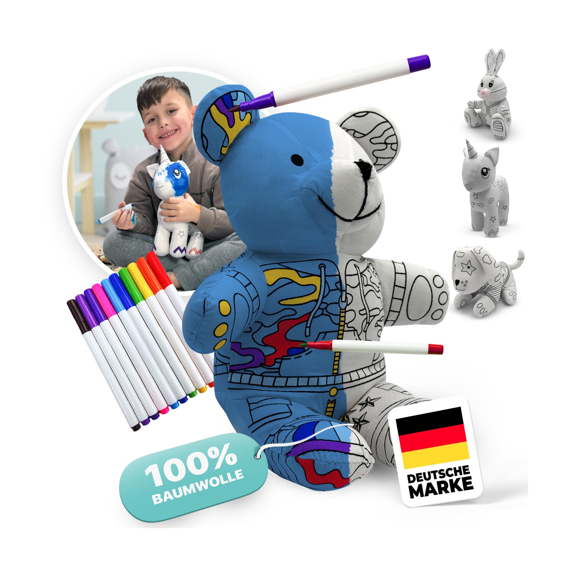 Mumore Montessori Spielzeug ab 3 Jahren Kuscheltier zum Anmalen|Stofftier mit 10 auswaschbaren Filzstiften| Fördert Kreativität & Motorik[Wiederverwendbar & Waschbar] Geschenk Mädchen Junge Teddy