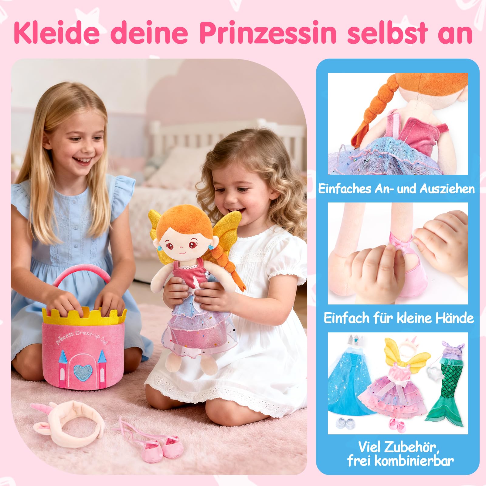 hahaland Anziehpuppe Mädchen Spielzeug ab 3-6 Jahre, Prinzessin Meerjungfrau & Einhorn Spielzeug, Weiche Plüschpuppe mit 3 Outfits und Schloss Tasche, Kindertag Geschenk Mädchen 3 4 5 6 Jahre