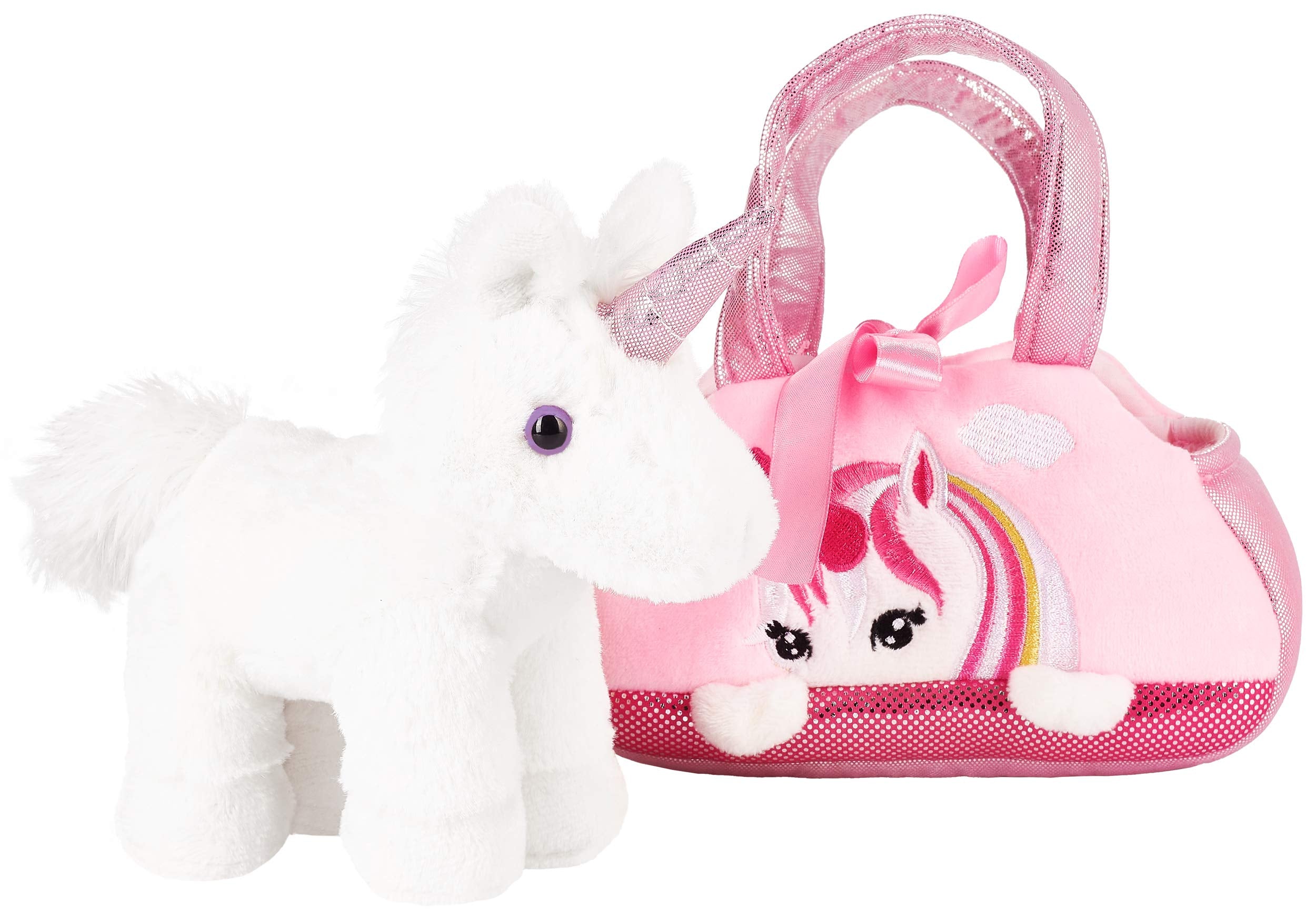 BRUBAKER Einhorn Tasche Weiß - 20 cm - Plüschtier in Handtasche - Plüsch Stofftier Kuscheltier - Rosa