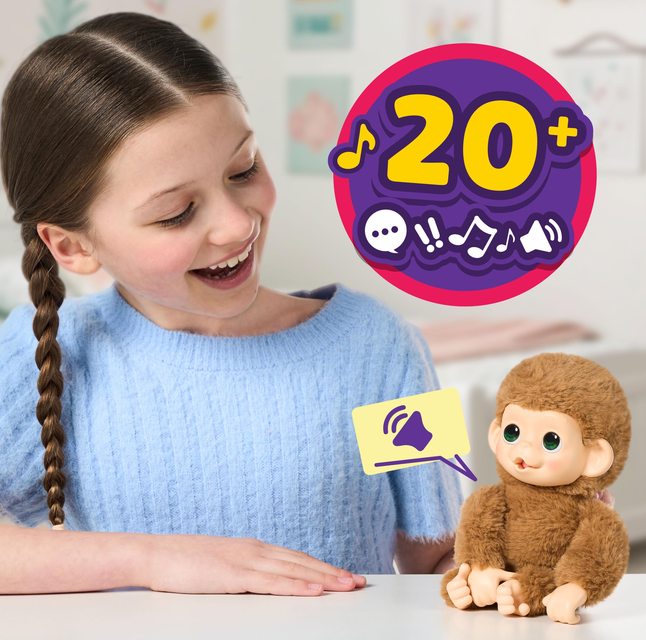 Little Live Pets Baby Monkey Minis – interaktiver Plüschaffe Pepi Peach mit über 20 realistischen Geräuschen & Reaktionen, 18,8 cm, weiches braunes Fell und griffige Hände & Füße, sammle alle 3