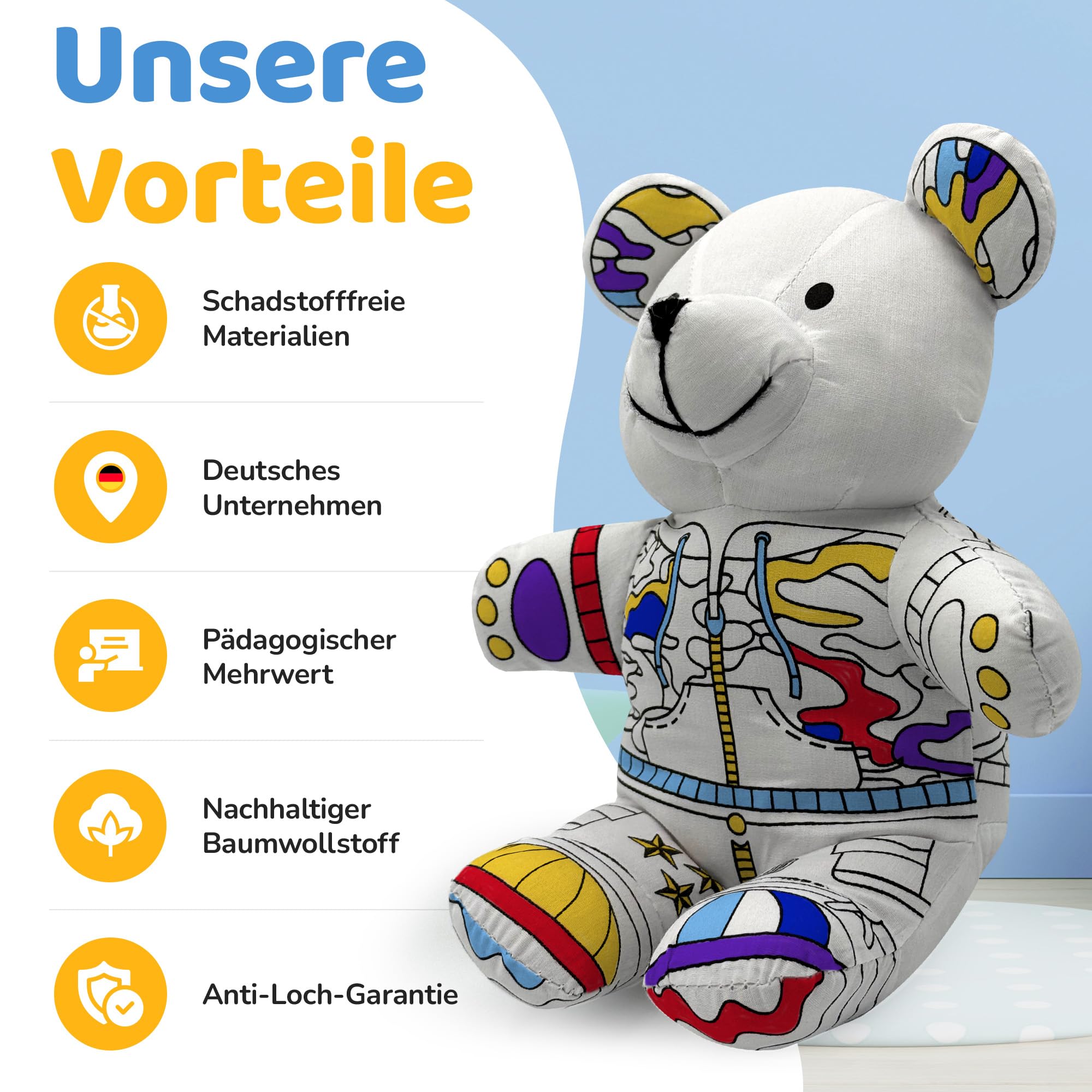 Mumore Montessori Spielzeug ab 3 Jahren Kuscheltier zum Anmalen|Stofftier mit 10 auswaschbaren Filzstiften| Fördert Kreativität & Motorik[Wiederverwendbar & Waschbar] Geschenk Mädchen Junge Teddy