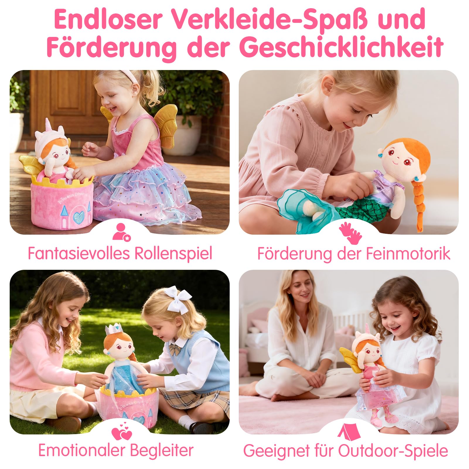 hahaland Anziehpuppe Mädchen Spielzeug ab 3-6 Jahre, Prinzessin Meerjungfrau & Einhorn Spielzeug, Weiche Plüschpuppe mit 3 Outfits und Schloss Tasche, Kindertag Geschenk Mädchen 3 4 5 6 Jahre