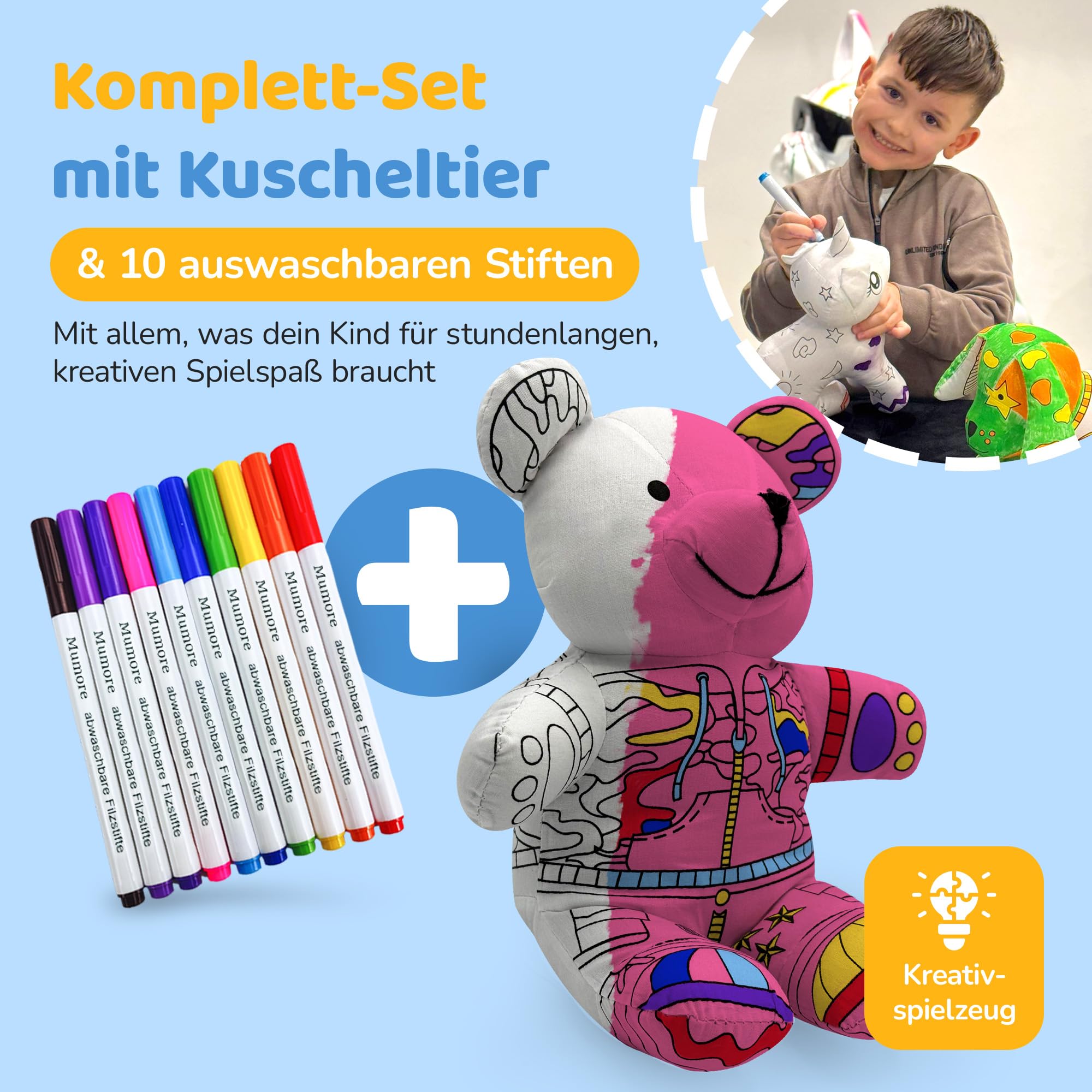 Mumore Montessori Spielzeug ab 3 Jahren Kuscheltier zum Anmalen|Stofftier mit 10 auswaschbaren Filzstiften| Fördert Kreativität & Motorik[Wiederverwendbar & Waschbar] Geschenk Mädchen Junge Teddy