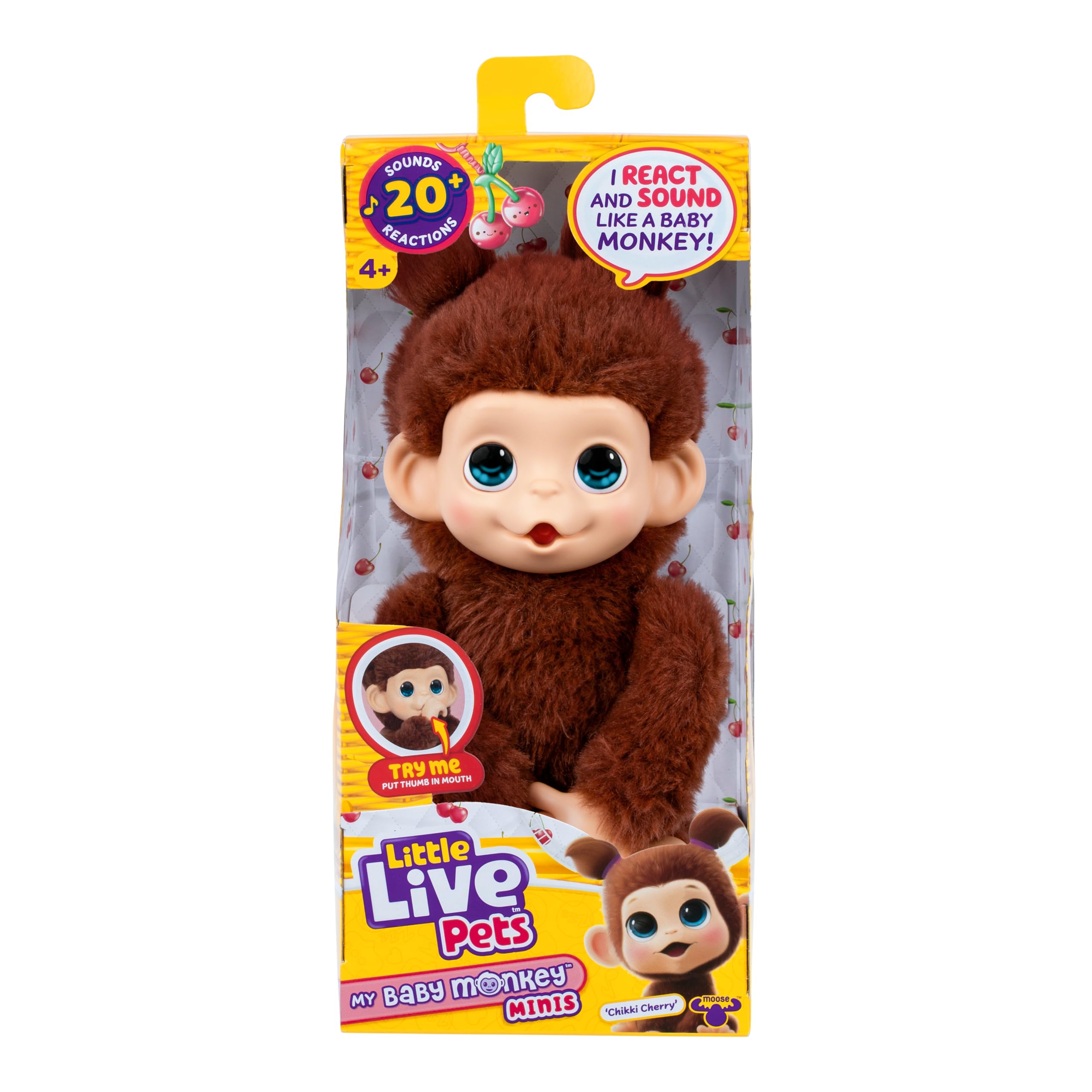 Little Live Pets Baby Monkey Minis – interaktiver Plüschaffe Chikki Cherry mit über 20 realistischen Geräuschen & Reaktionen, 18,8 cm, weiches braunes Fell und griffige Hände & Füße, sammle alle 3