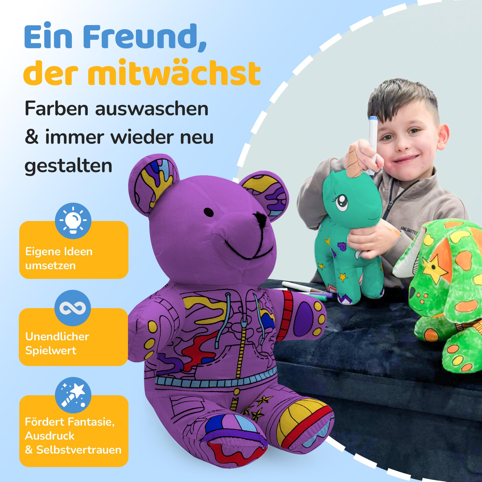 Mumore Montessori Spielzeug ab 3 Jahren Kuscheltier zum Anmalen|Stofftier mit 10 auswaschbaren Filzstiften| Fördert Kreativität & Motorik[Wiederverwendbar & Waschbar] Geschenk Mädchen Junge Teddy