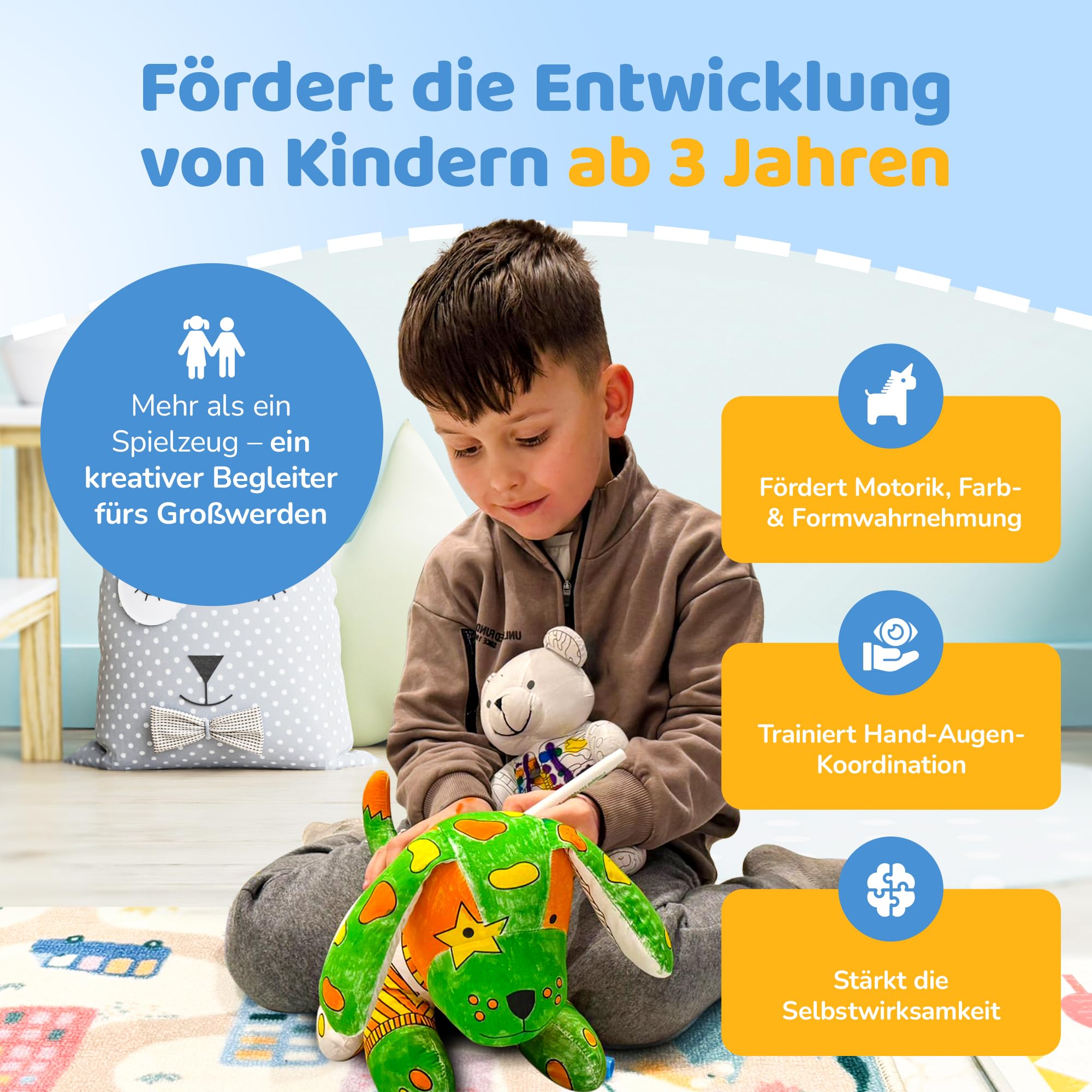 Mumore Montessori Spielzeug ab 3 Jahren Kuscheltier zum Anmalen|Stofftier mit 10 auswaschbaren Filzstiften| Fördert Kreativität & Motorik[Wiederverwendbar & Waschbar] Geschenk Mädchen Junge Teddy