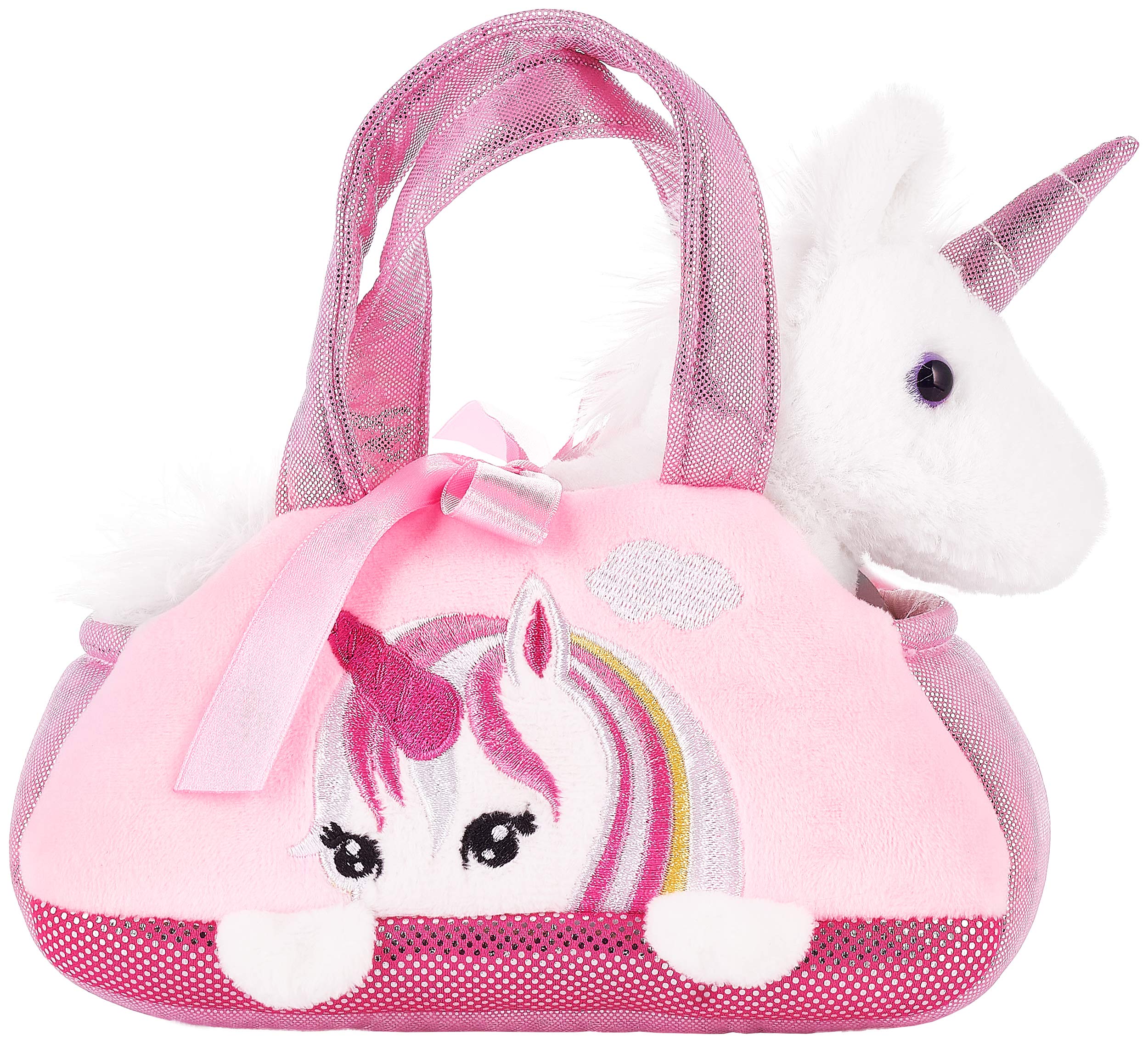 BRUBAKER Einhorn Tasche Weiß - 20 cm - Plüschtier in Handtasche - Plüsch Stofftier Kuscheltier - Rosa