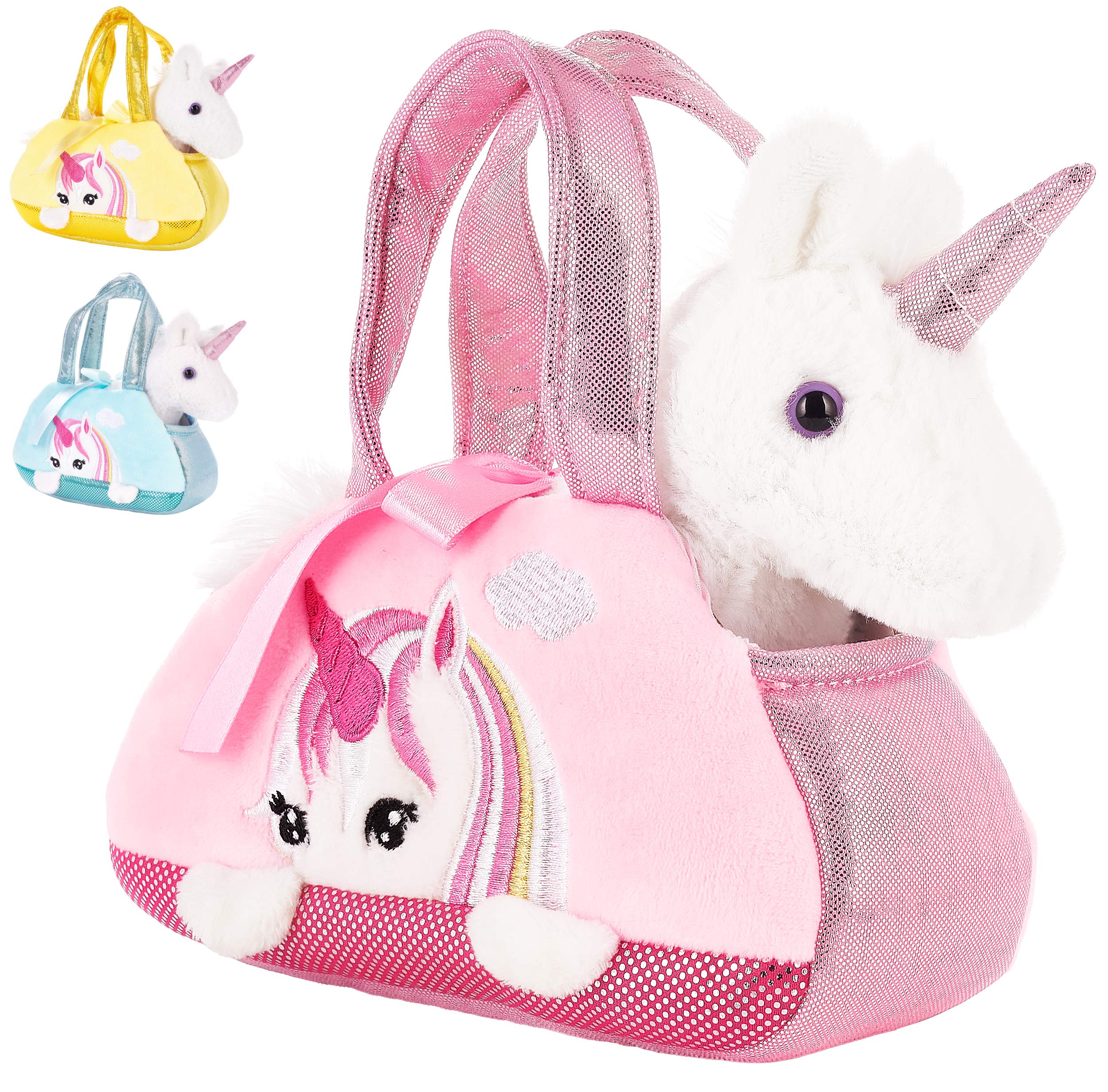 BRUBAKER Einhorn Tasche Weiß - 20 cm - Plüschtier in Handtasche - Plüsch Stofftier Kuscheltier - Rosa